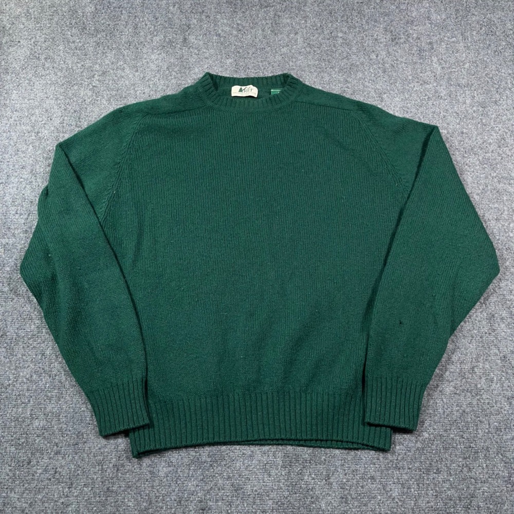 VTG REI Virgin Wool Crewneck Sweater Mens Large Ribbed Knit Forest Green Grandpa - Picture 1 of 8